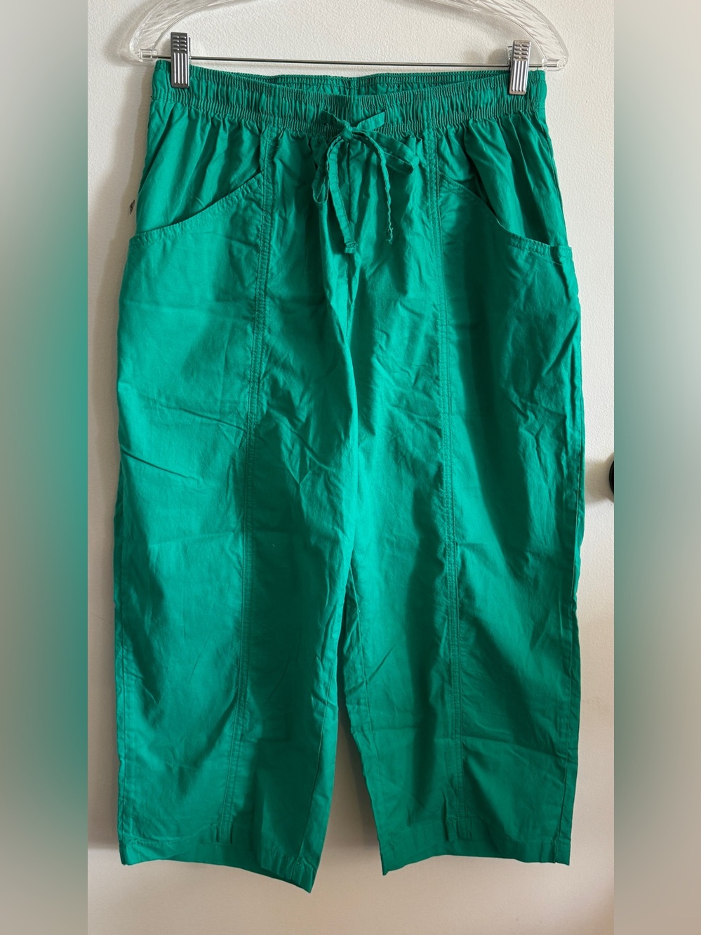 100% Cotton Green Elastic-Waist Cropped Wide Leg Pants 16W Coastal Boho Gorpcore